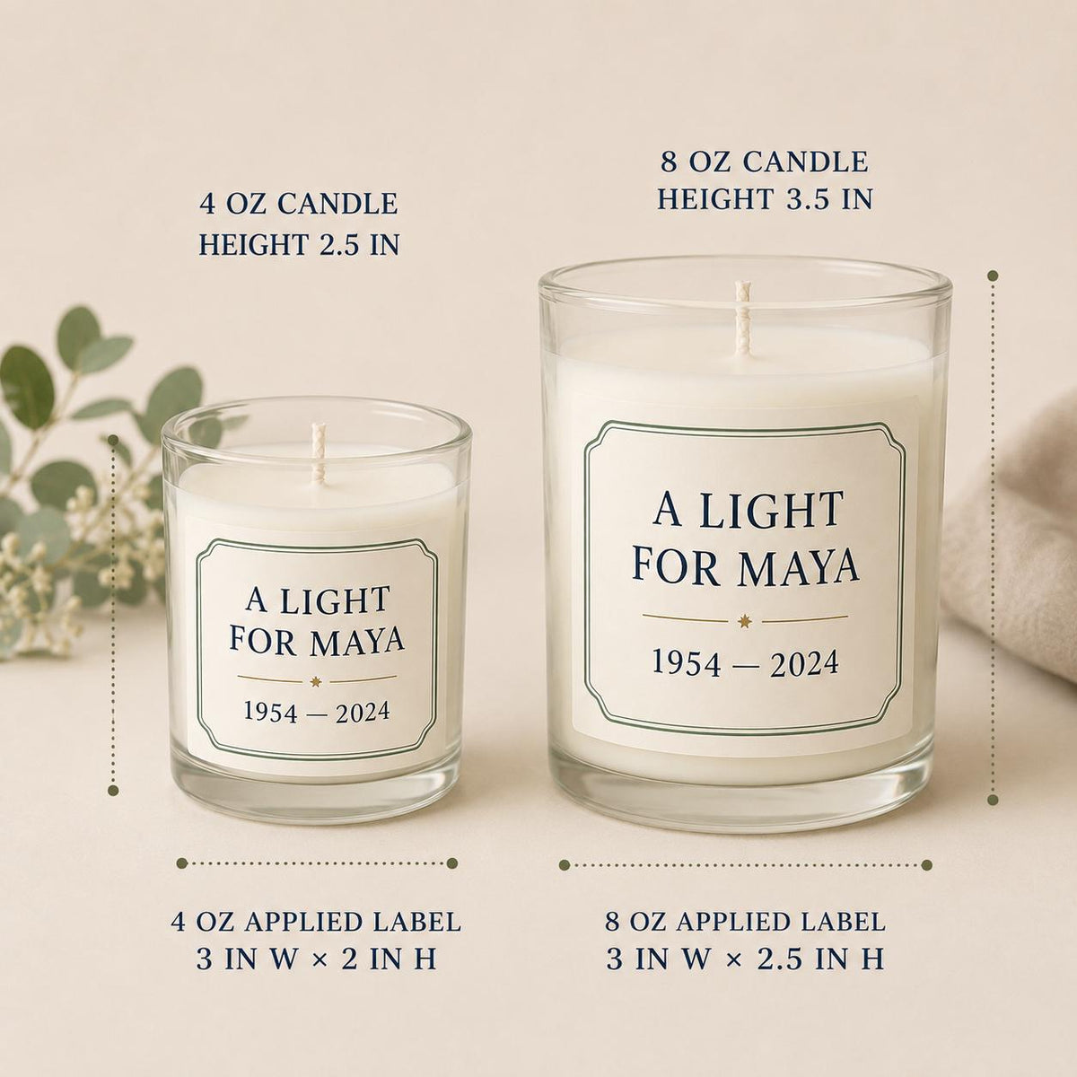 Personalized Memorial Candle, Custom Name and Dates Remembrance Gift, 4 oz or 8 oz — 8oz/4oz comparison