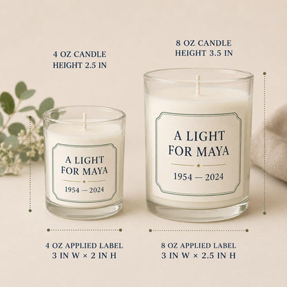 Personalized Memorial Candle, Custom Name and Dates Remembrance Gift, 4 oz or 8 oz — 8oz/4oz comparison