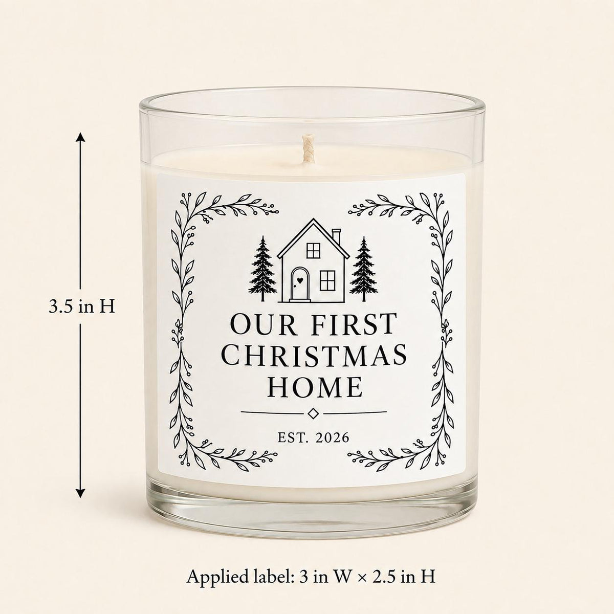 First Christmas in Our New Home Candle — candle-and-label heights dimension image