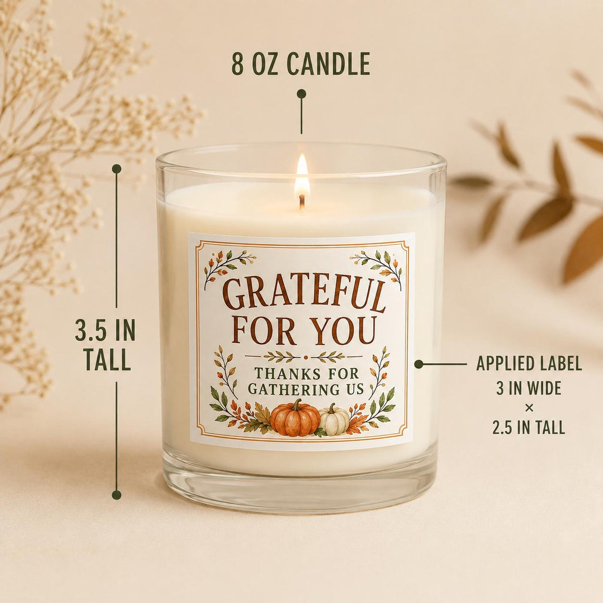 Friendsgiving hostess candle — candle-and-label heights dimension image