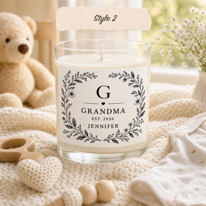 Personalized New Grandma Announcement Candle, Custom Black and White Label, 4 oz or 8 oz Pregnancy Reveal Gift — Style 2