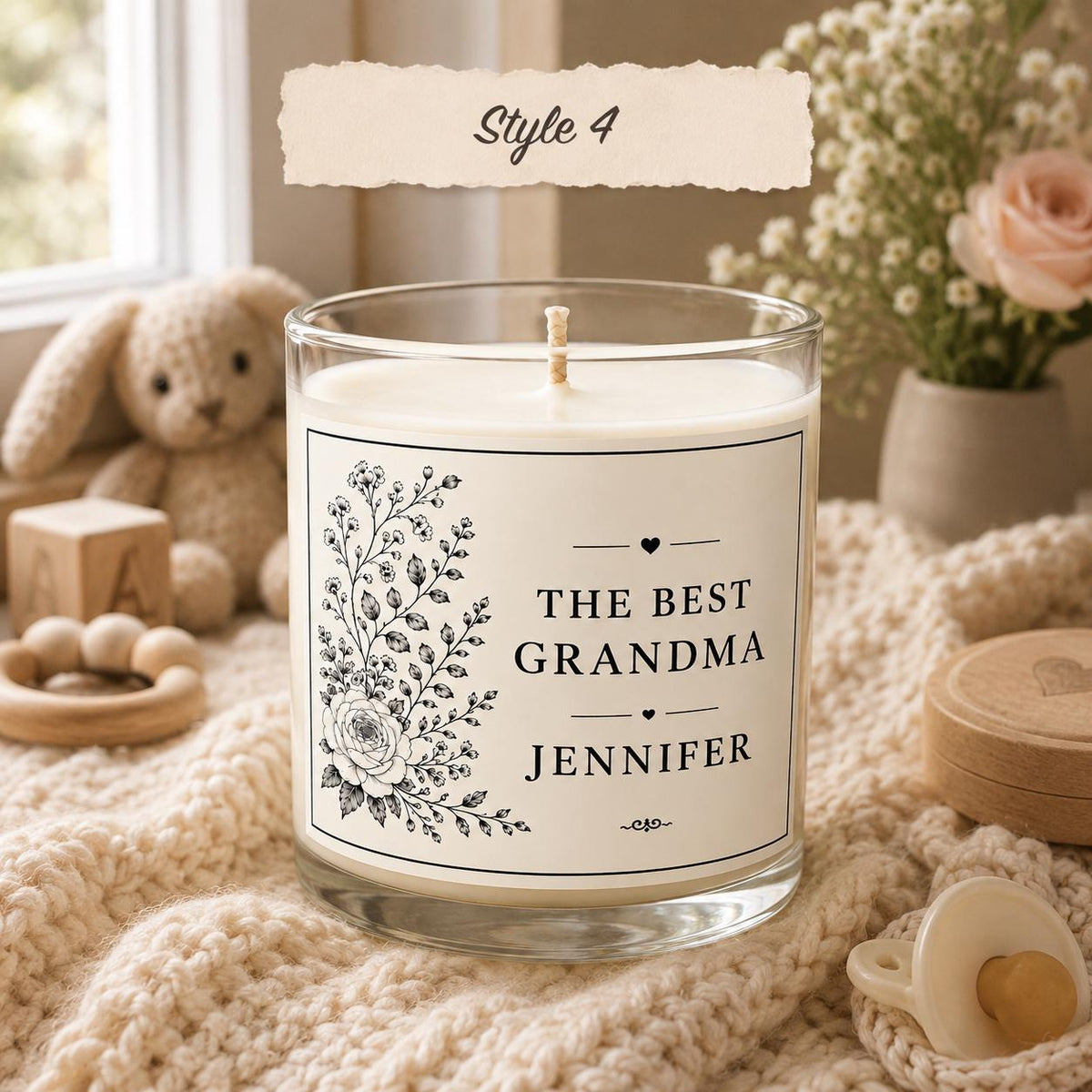 Personalized New Grandma Announcement Candle, Custom Black and White Label, 4 oz or 8 oz Pregnancy Reveal Gift — Style 4
