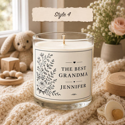 Personalized New Grandma Announcement Candle, Custom Black and White Label, 4 oz or 8 oz Pregnancy Reveal Gift — Style 4