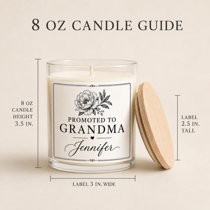 Personalized New Grandma Announcement Candle, Custom Black and White Label, 4 oz or 8 oz Pregnancy Reveal Gift — candle-and-label heights dimension image