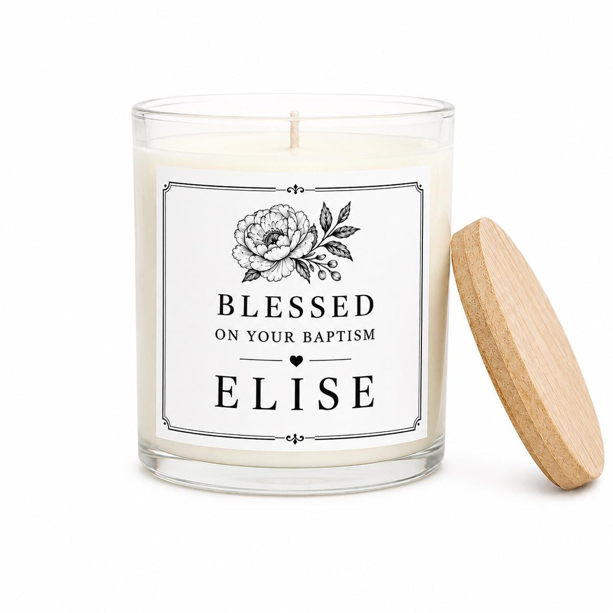 Personalized Baptism Keepsake Candle, Custom Black and White Label, 4 oz or 8 oz Christening Gift — buyable catalog