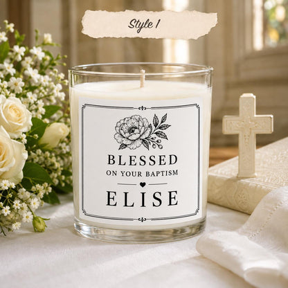 Personalized Baptism Keepsake Candle, Custom Black and White Label, 4 oz or 8 oz Christening Gift — Style 1