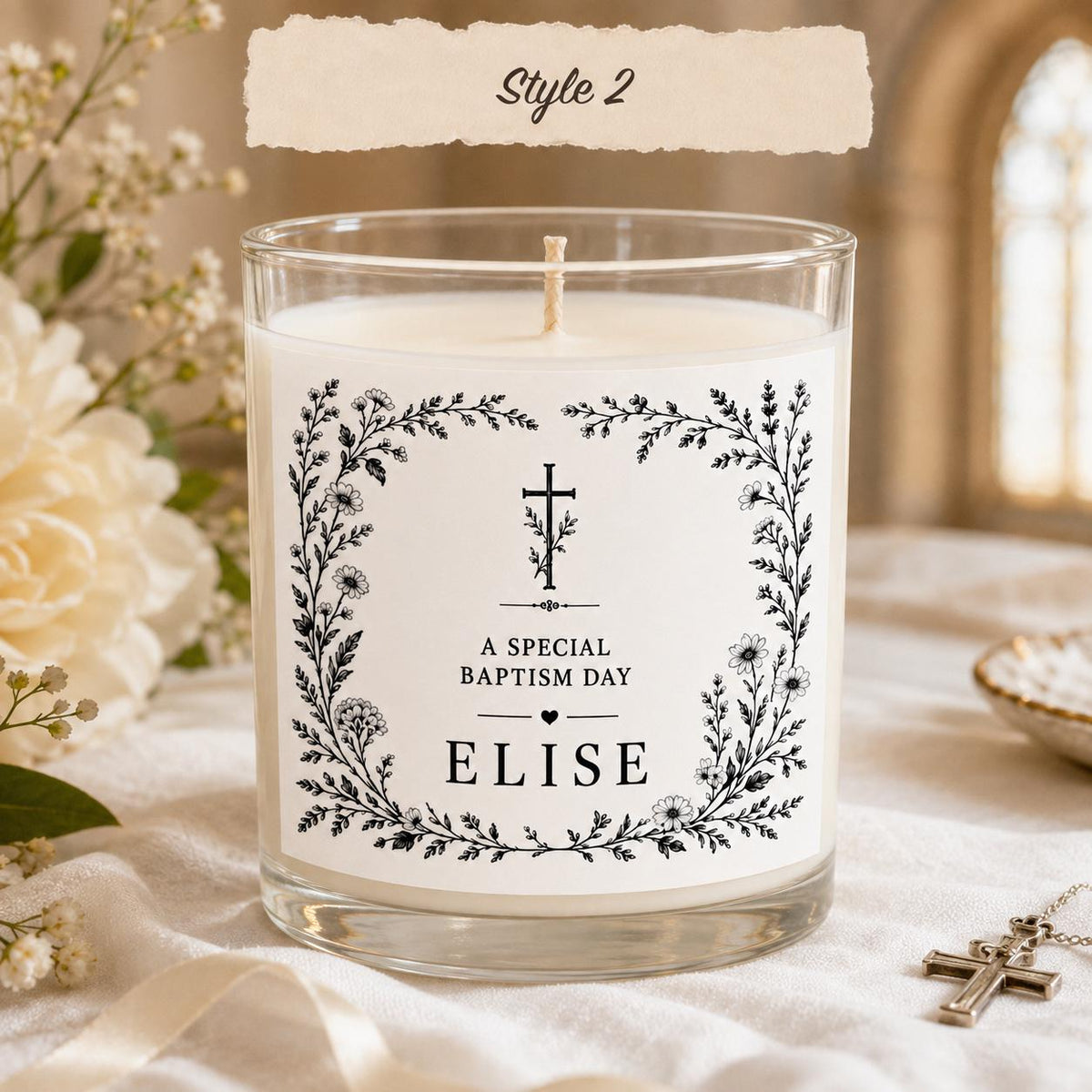 Personalized Baptism Keepsake Candle, Custom Black and White Label, 4 oz or 8 oz Christening Gift — Style 2