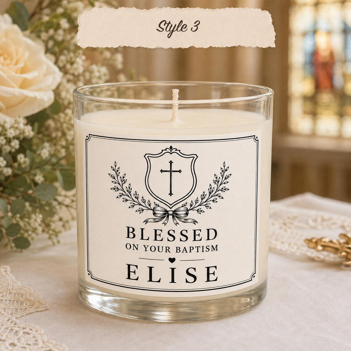 Personalized Baptism Keepsake Candle, Custom Black and White Label, 4 oz or 8 oz Christening Gift — Style 3