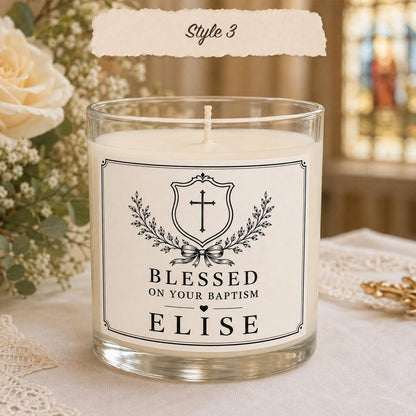 Personalized Baptism Keepsake Candle, Custom Black and White Label, 4 oz or 8 oz Christening Gift — Style 3
