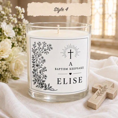 Personalized Baptism Keepsake Candle, Custom Black and White Label, 4 oz or 8 oz Christening Gift — Style 4