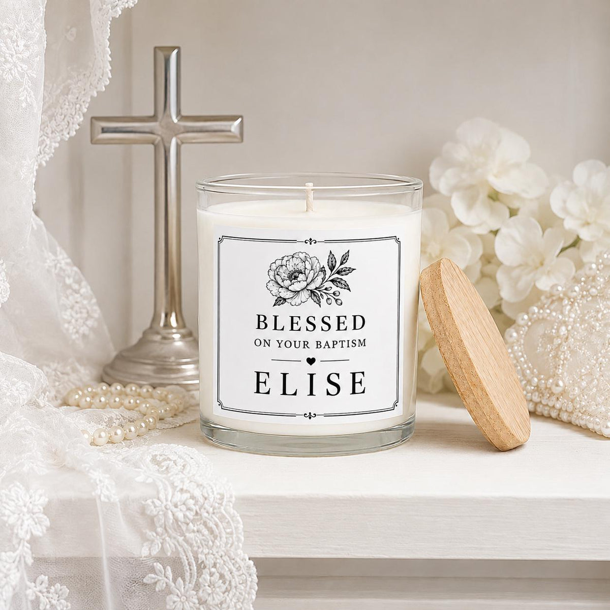 Personalized Baptism Keepsake Candle, Custom Black and White Label, 4 oz or 8 oz Christening Gift — staged image 3