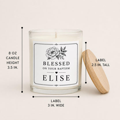 Personalized Baptism Keepsake Candle, Custom Black and White Label, 4 oz or 8 oz Christening Gift — candle-and-label heights dimension image