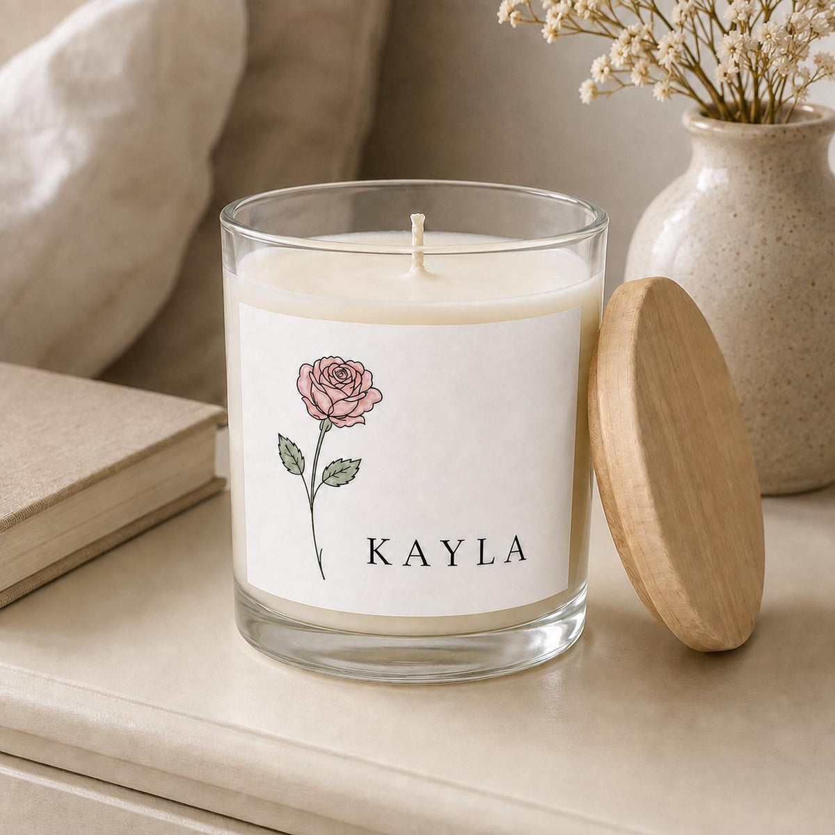 Personalized birth flower candle: staged 1