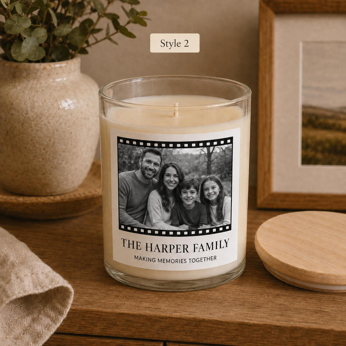 Personalized family photo candle — style 2.