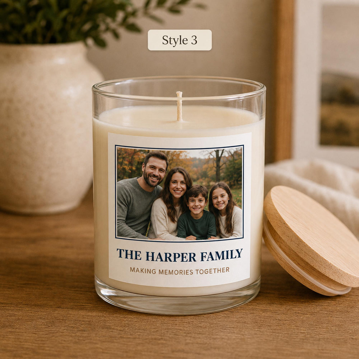 Personalized family photo candle — style 3.