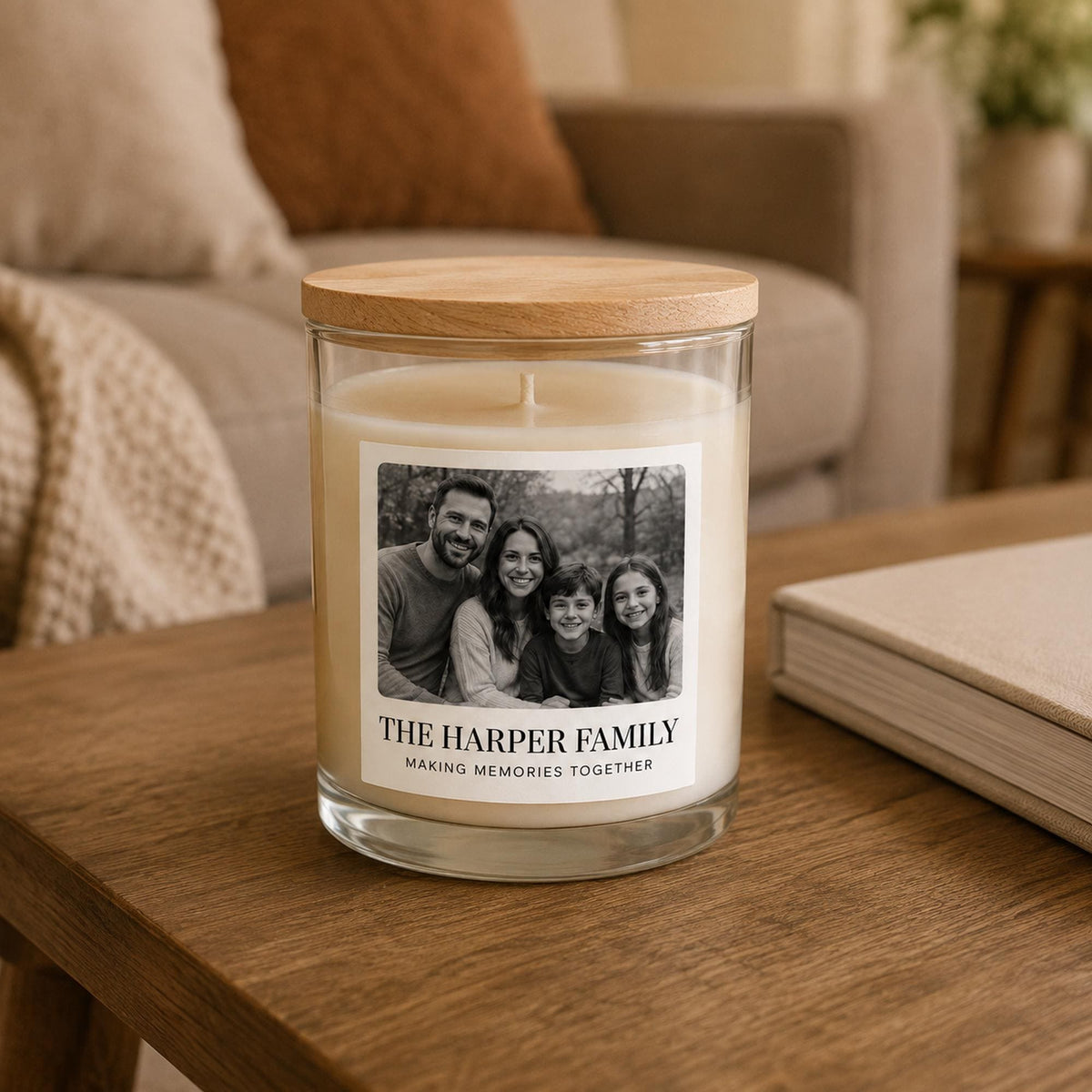 Personalized family photo candle — staged 1.