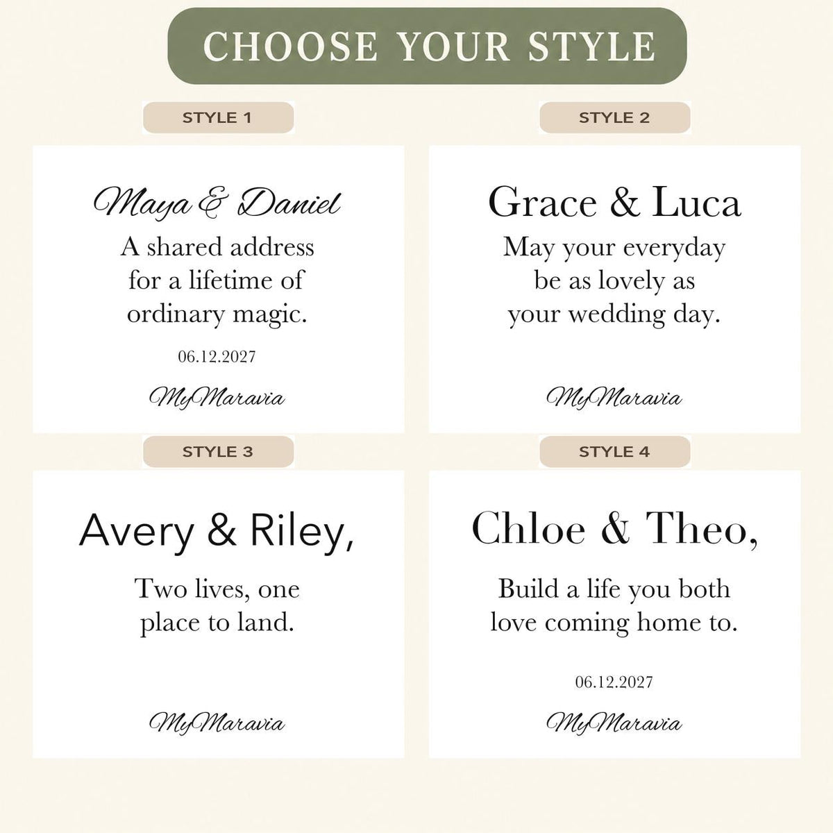 Style Picker — MyMaravia Newlywed home gift candle; four original message options