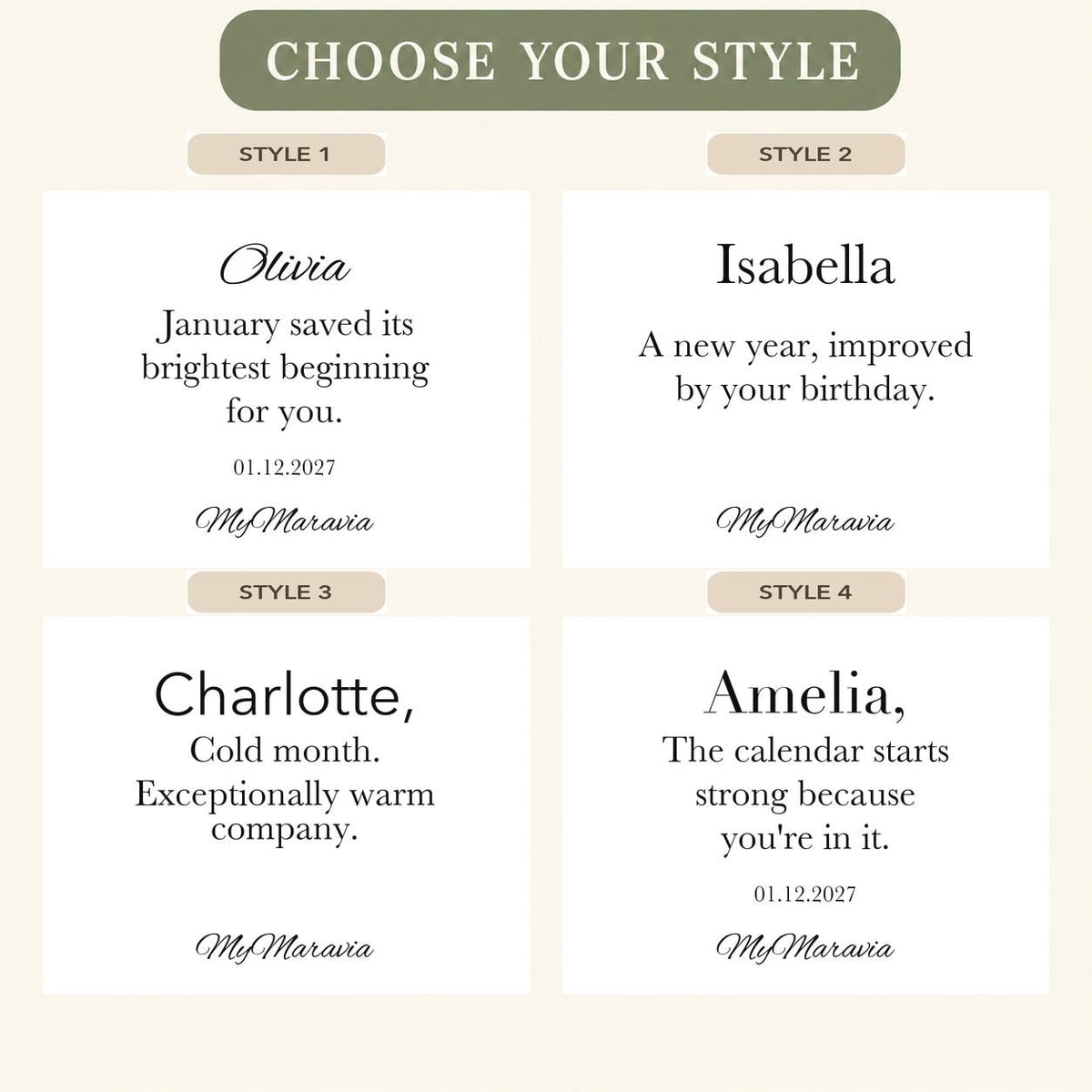 Style Picker — MyMaravia January birthday fresh start candle; four original message options