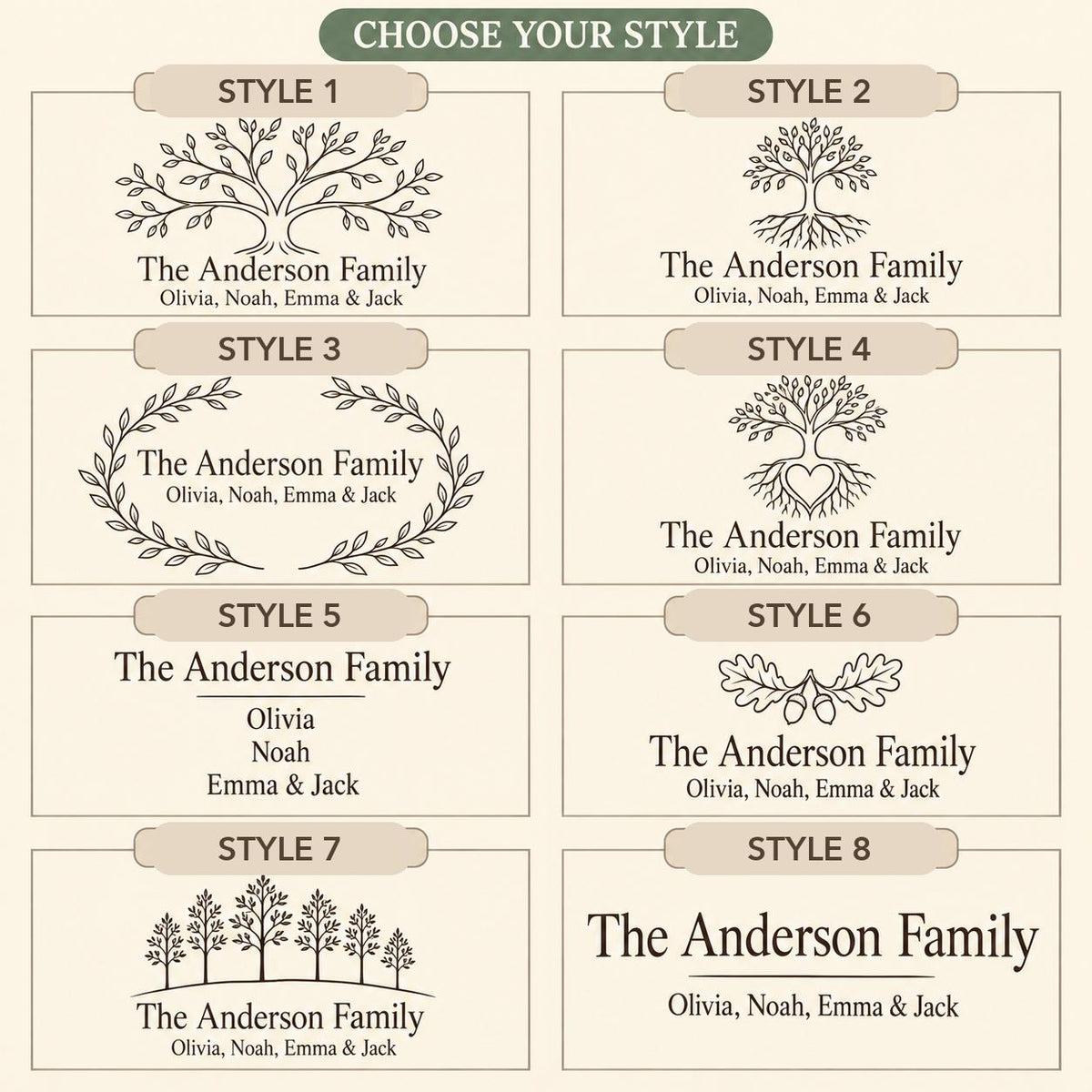 Choose from eight Family Tree engraving styles