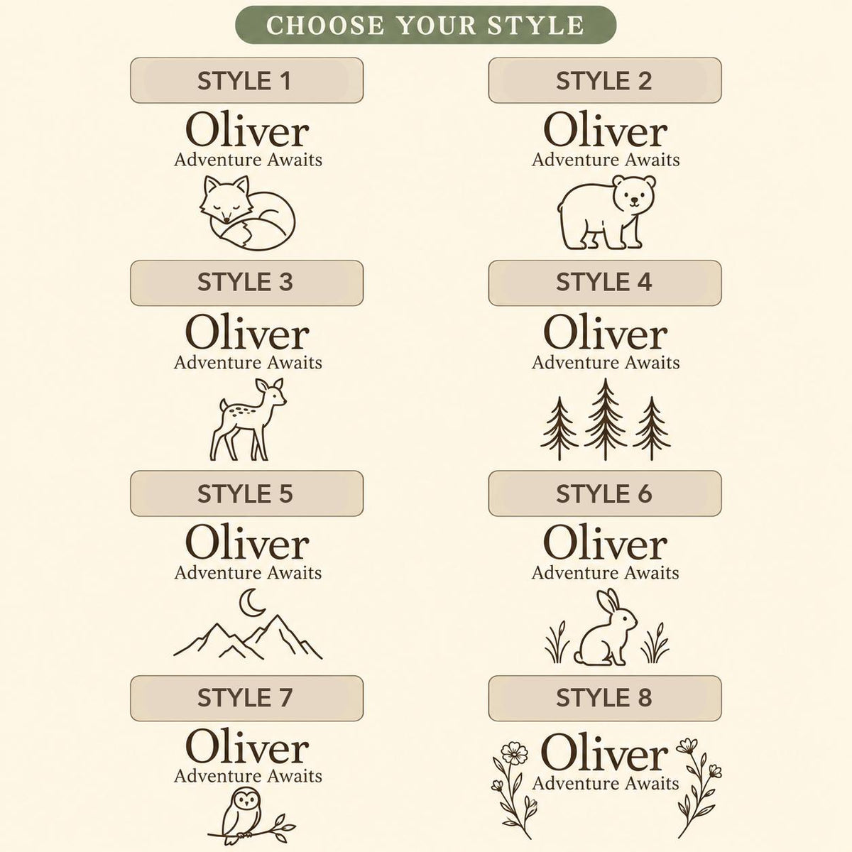 Choose from eight Woodland Nursery engraving styles