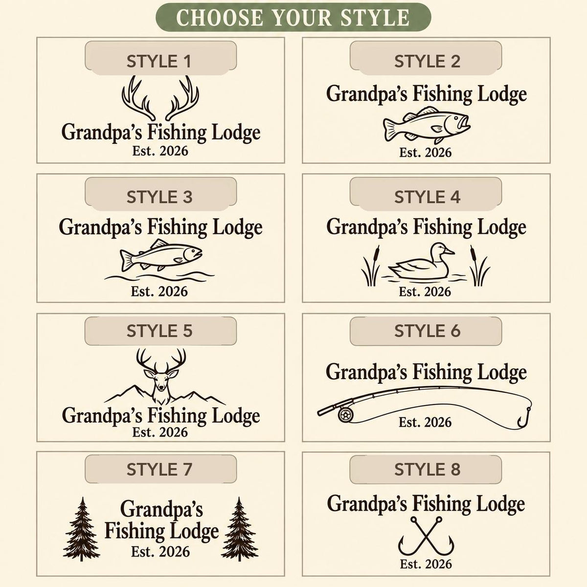 Choose from eight Hunting and Fishing engraving styles