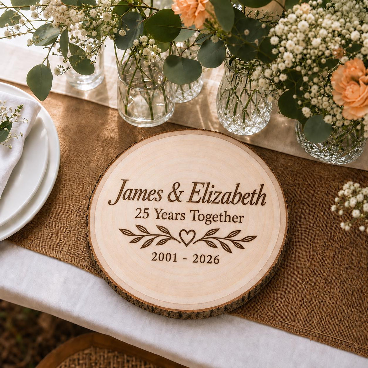 Milestone Anniversary personalized engraved wood slice. Table display example.