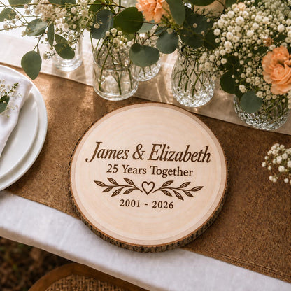 Milestone Anniversary personalized engraved wood slice. Table display example.