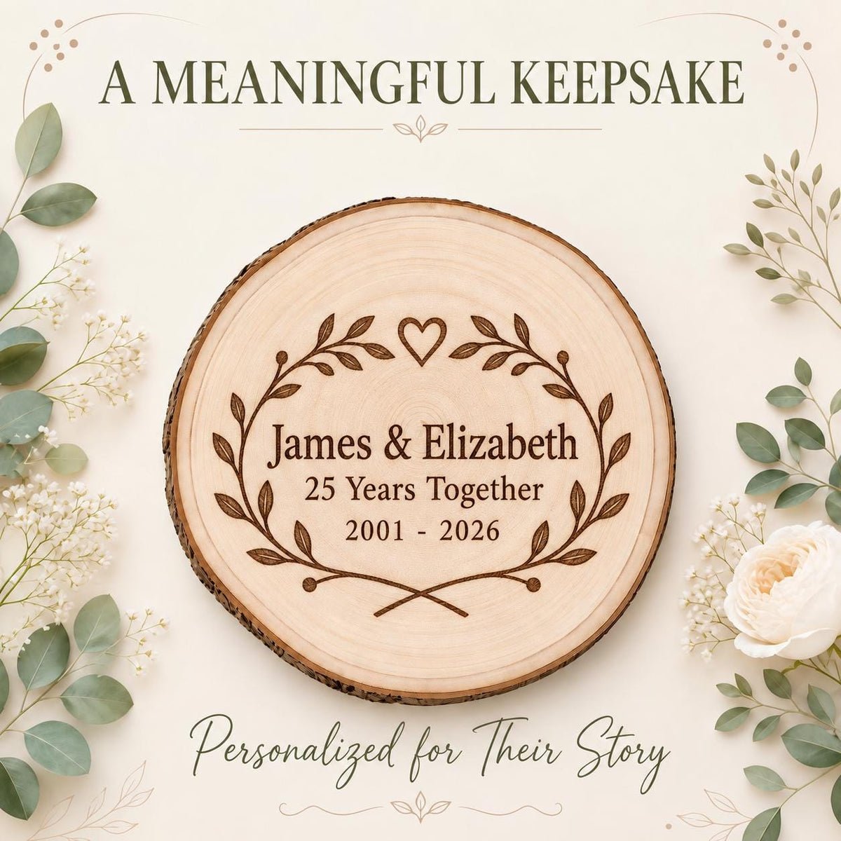 Milestone Anniversary personalized engraved wood slice. Personalized keepsake example.
