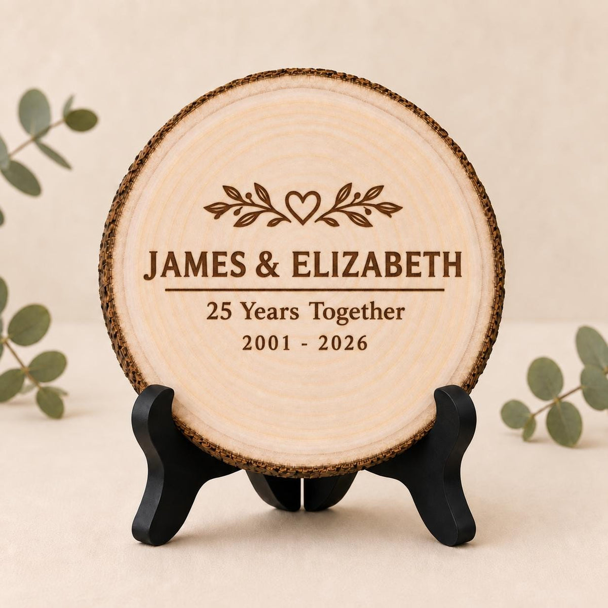 Milestone Anniversary personalized engraved wood slice. Optional stand display.
