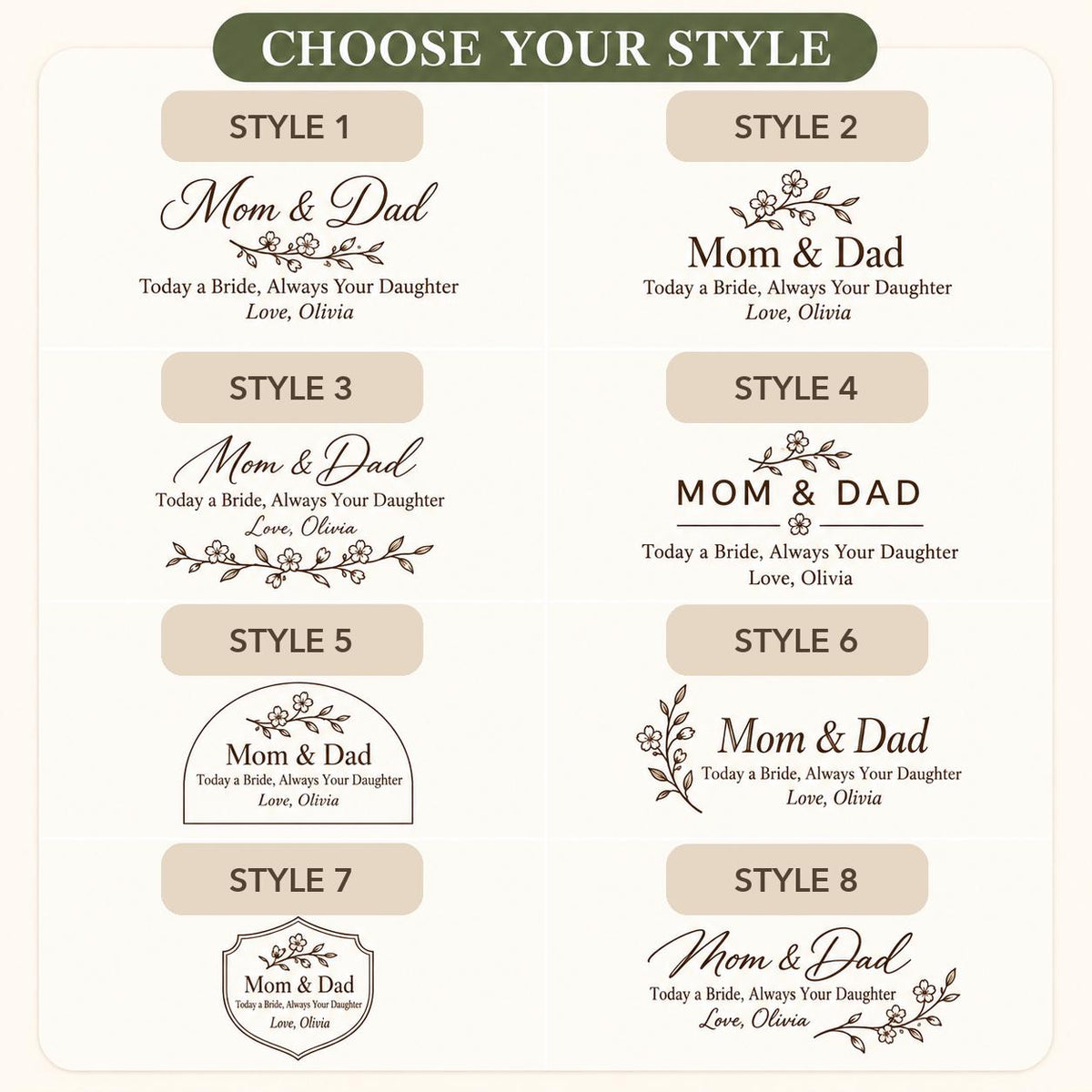 Parents of Bride personalized engraved wood slice. Eight available design styles.