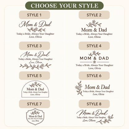 Parents of Bride personalized engraved wood slice. Eight available design styles.