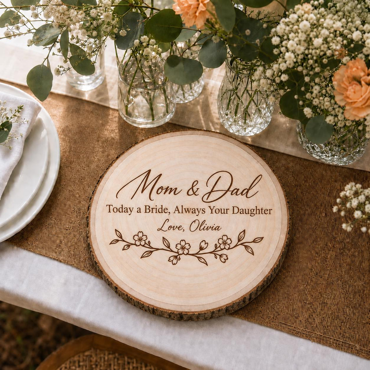 Parents of Bride personalized engraved wood slice. Table display example.