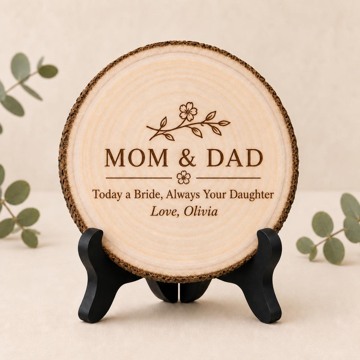Parents of Bride personalized engraved wood slice. Optional stand display.