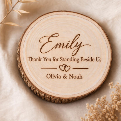 Wedding Witness personalized engraved wood slice. Engraving detail.
