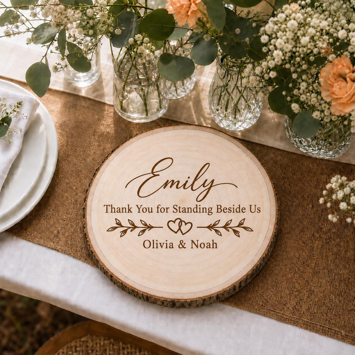 Wedding Witness personalized engraved wood slice. Table display example.