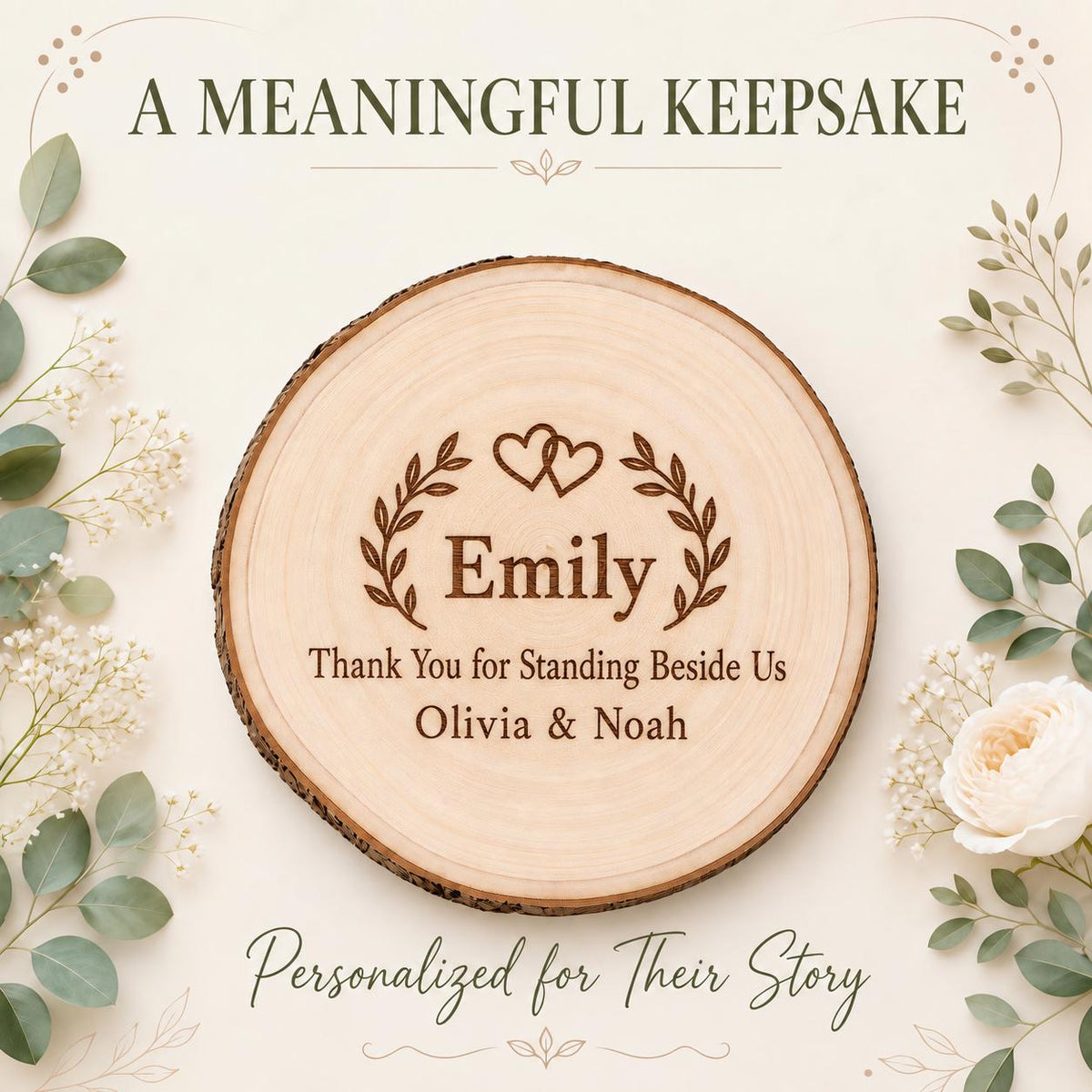 Wedding Witness personalized engraved wood slice. Personalized keepsake example.