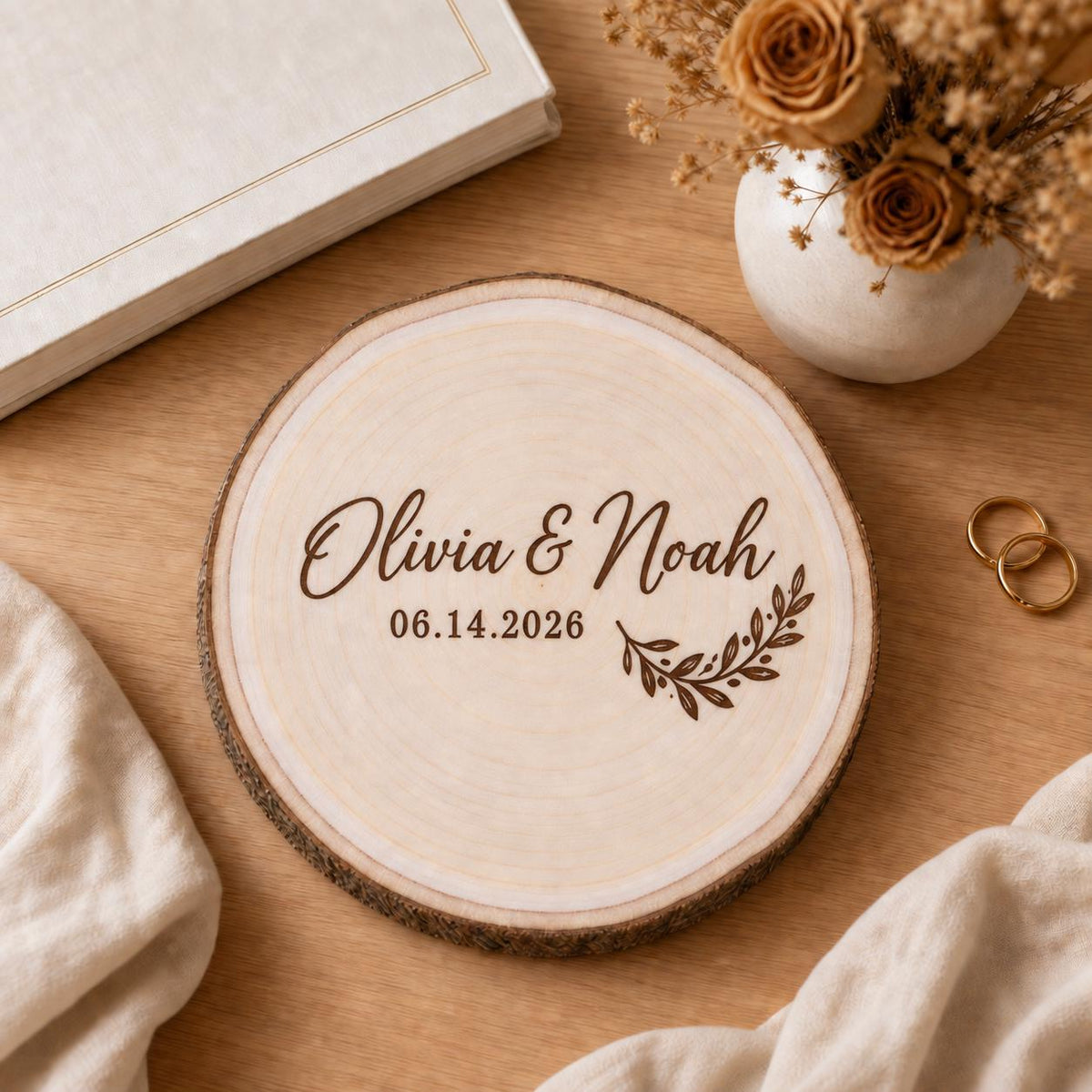 Rustic Wedding personalized engraved wood slice. Styled keepsake example.