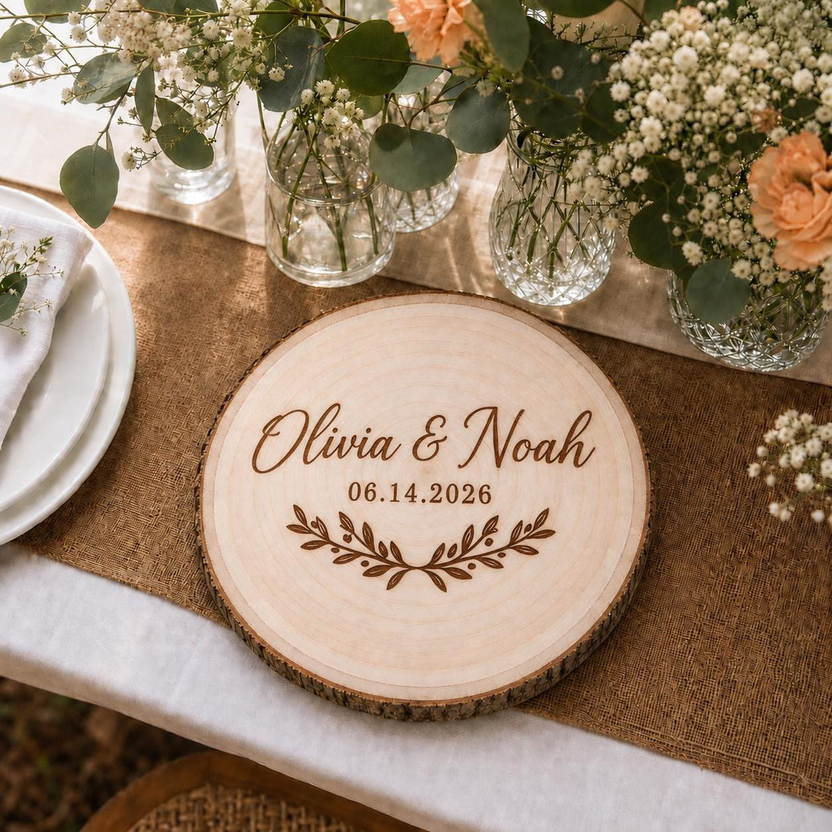 Rustic Wedding personalized engraved wood slice. Table display example.