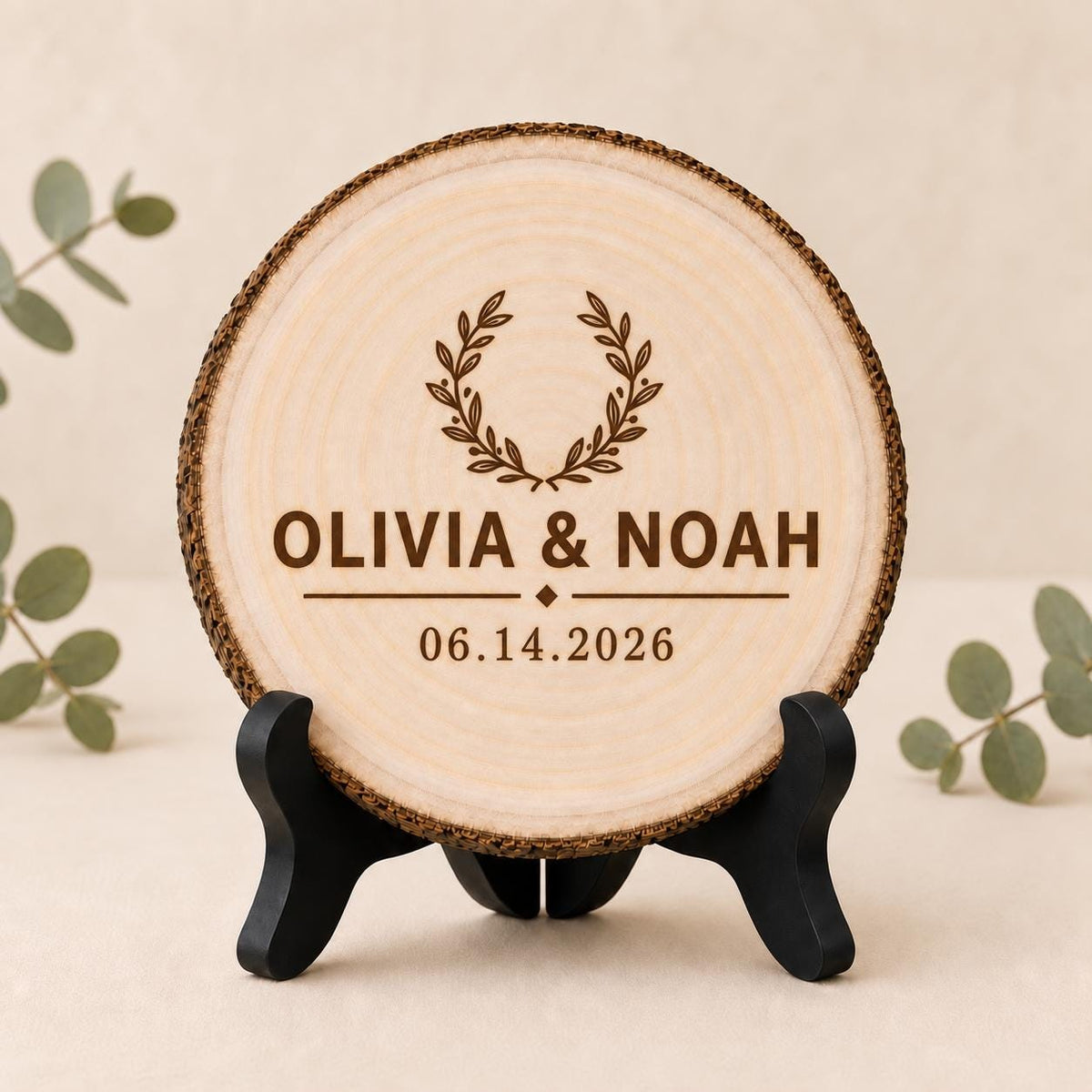 Rustic Wedding personalized engraved wood slice. Optional stand display.