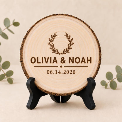 Rustic Wedding personalized engraved wood slice. Optional stand display.