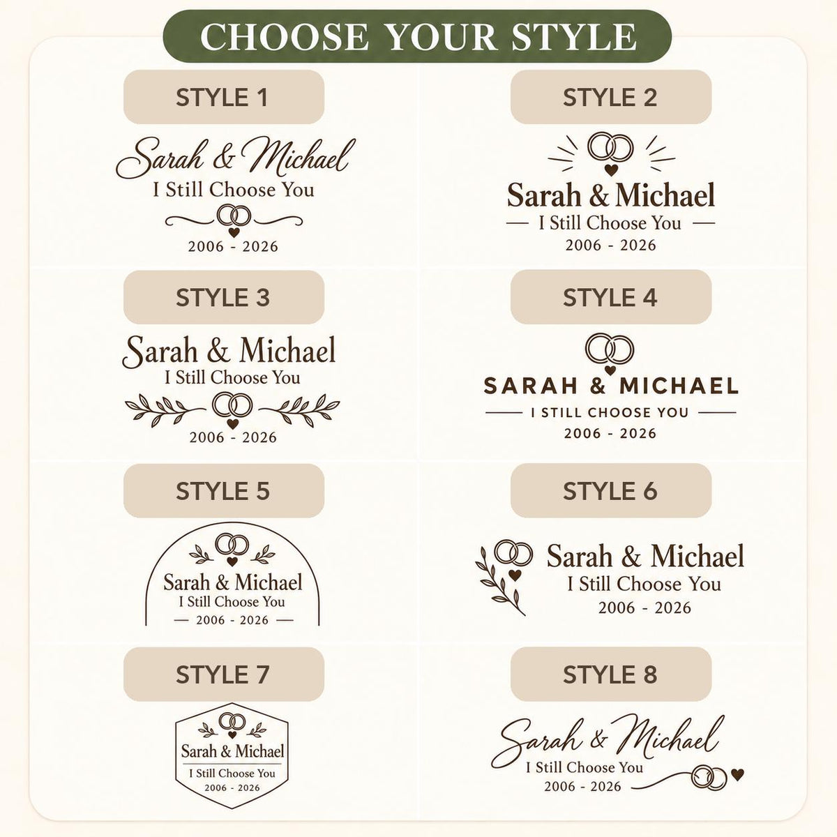 Vow Renewal personalized engraved wood slice. Eight available design styles.