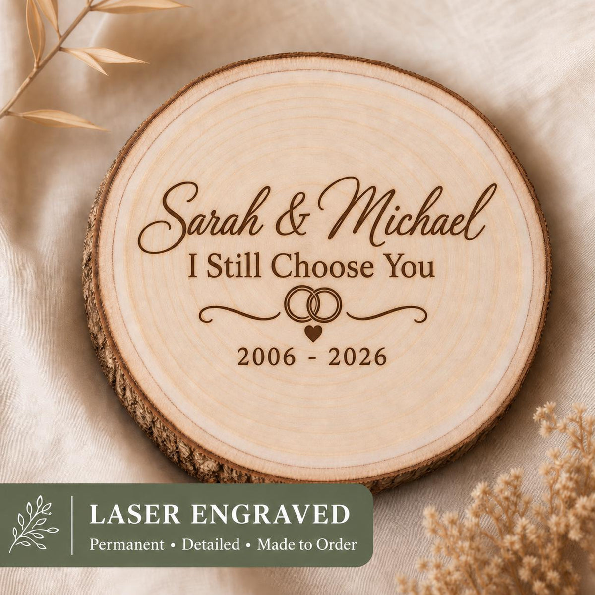 Vow Renewal personalized engraved wood slice. Engraving detail.
