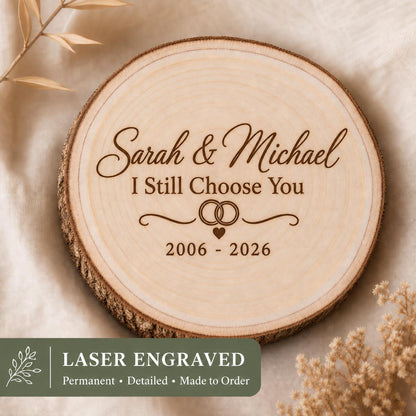 Vow Renewal personalized engraved wood slice. Engraving detail.
