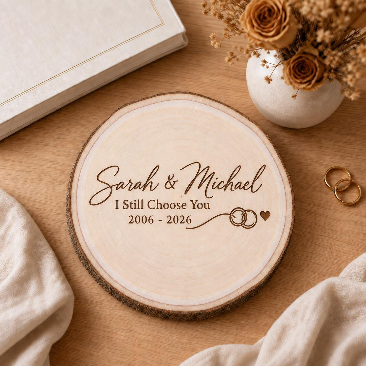 Vow Renewal personalized engraved wood slice. Styled keepsake example.