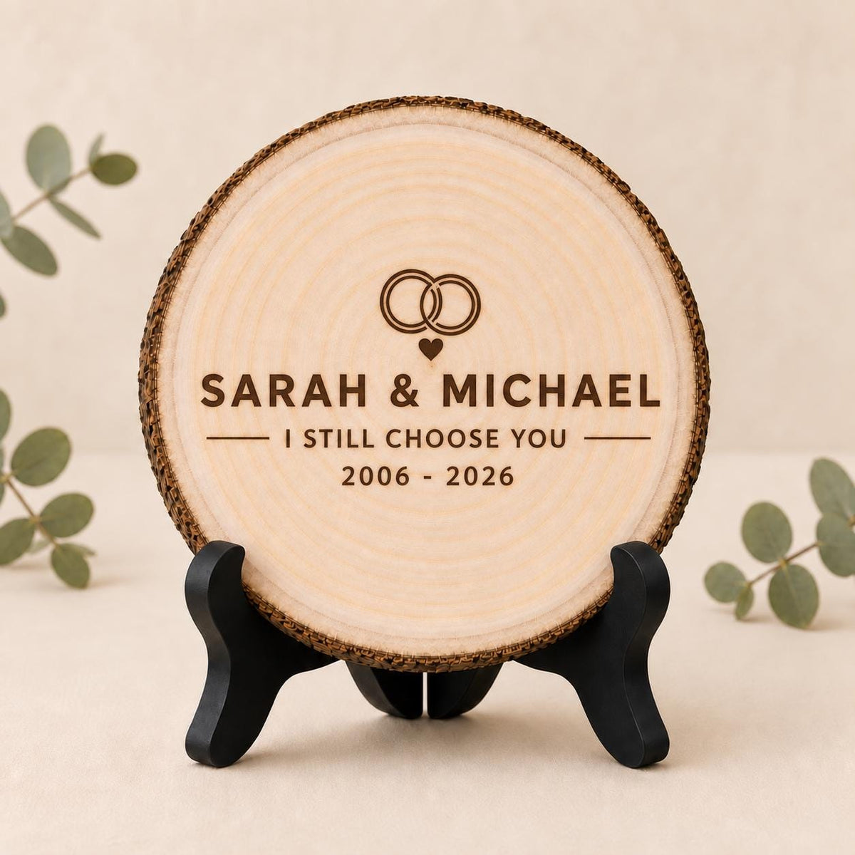 Vow Renewal personalized engraved wood slice. Optional stand display.