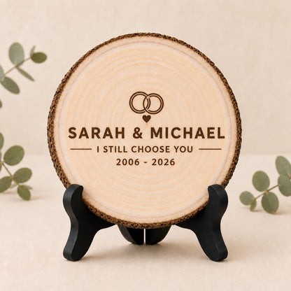 Vow Renewal personalized engraved wood slice. Optional stand display.