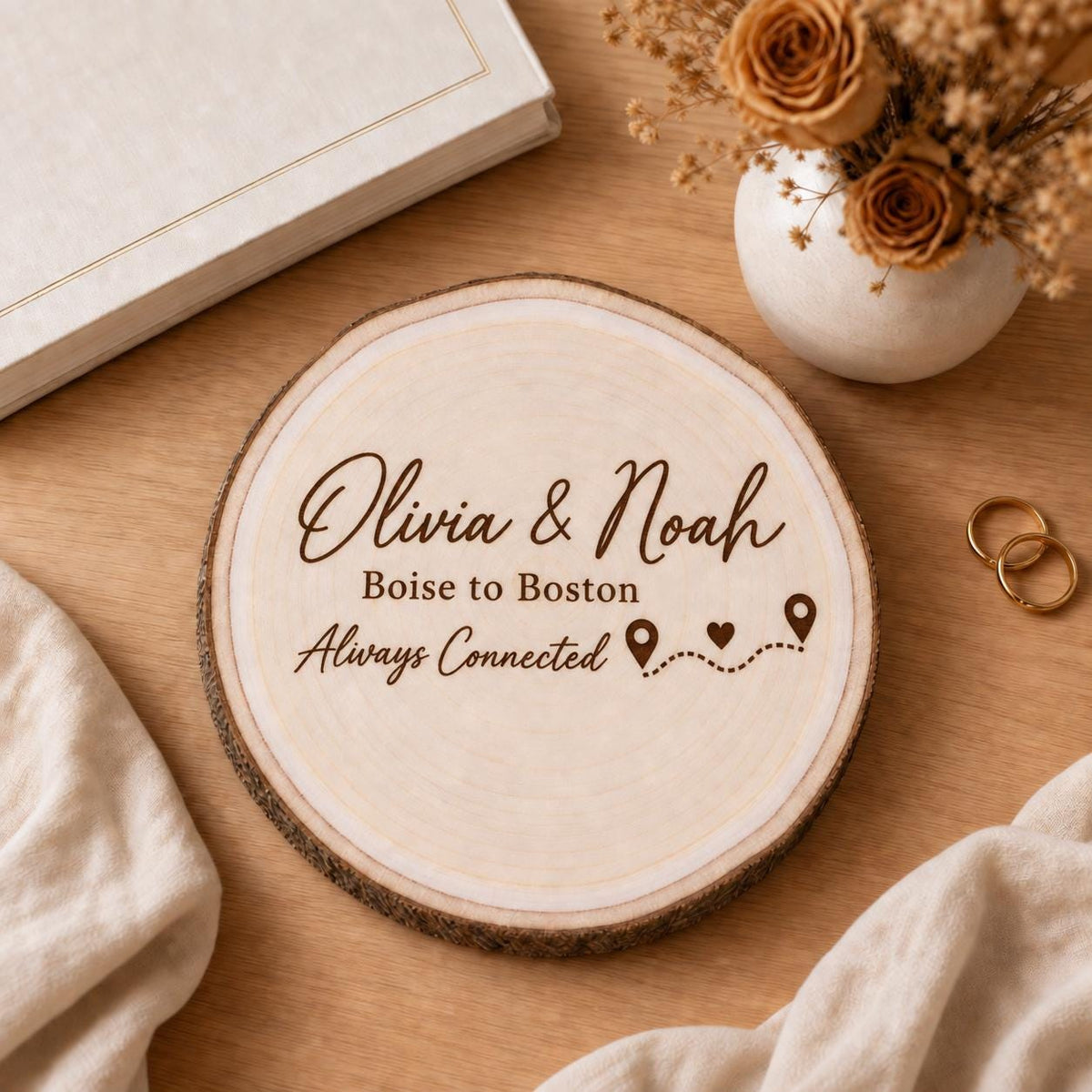 Long Distance Couple personalized engraved wood slice. Styled keepsake example.