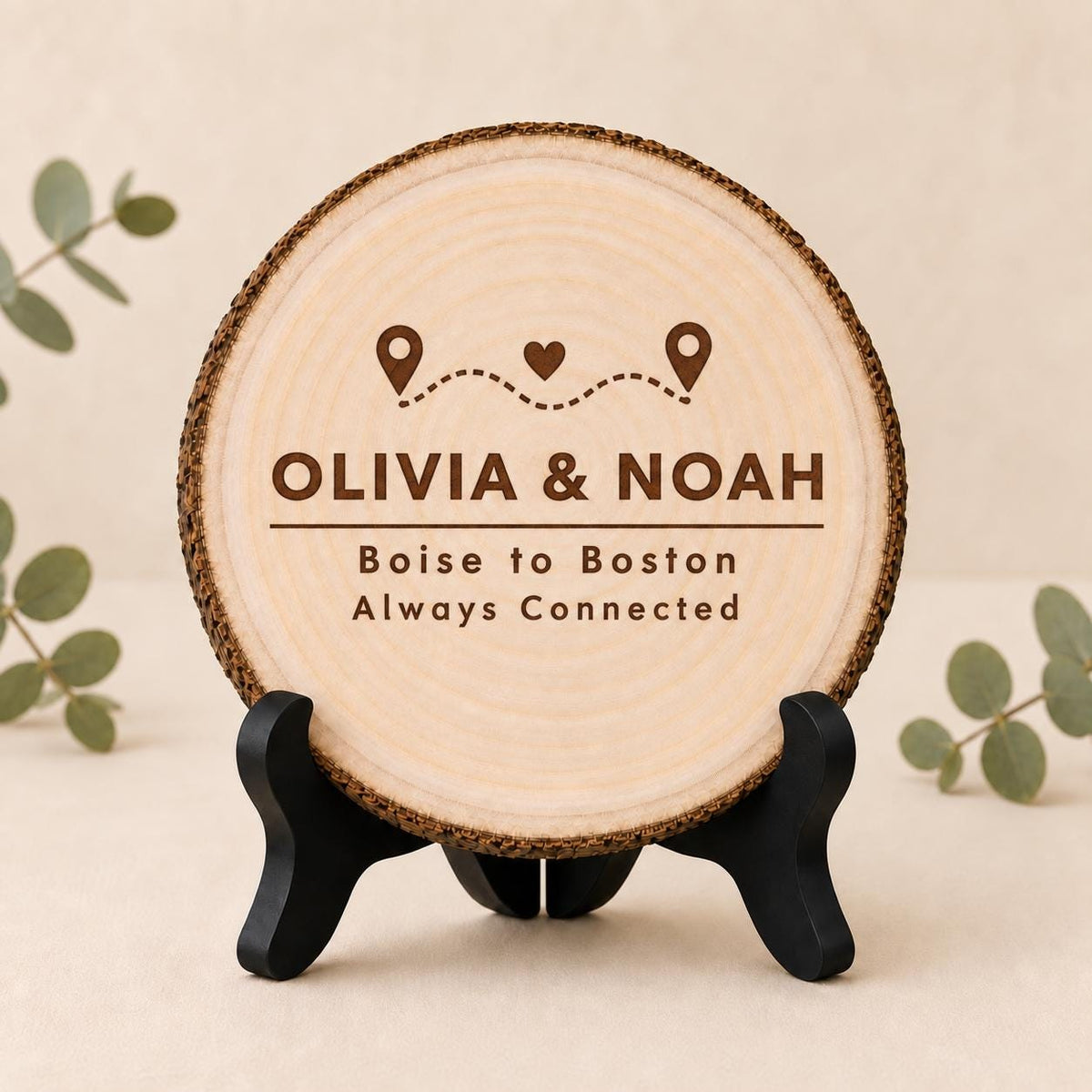 Long Distance Couple personalized engraved wood slice. Optional stand display.
