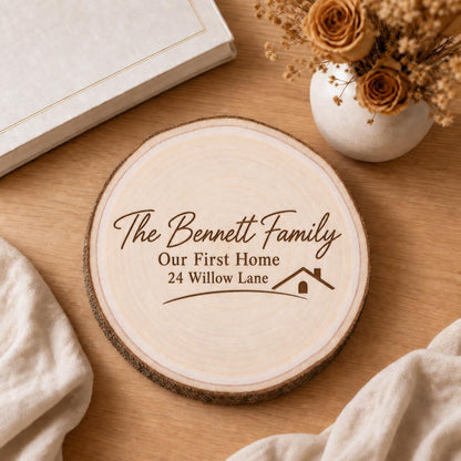First Home personalized engraved wood slice. Styled keepsake example.