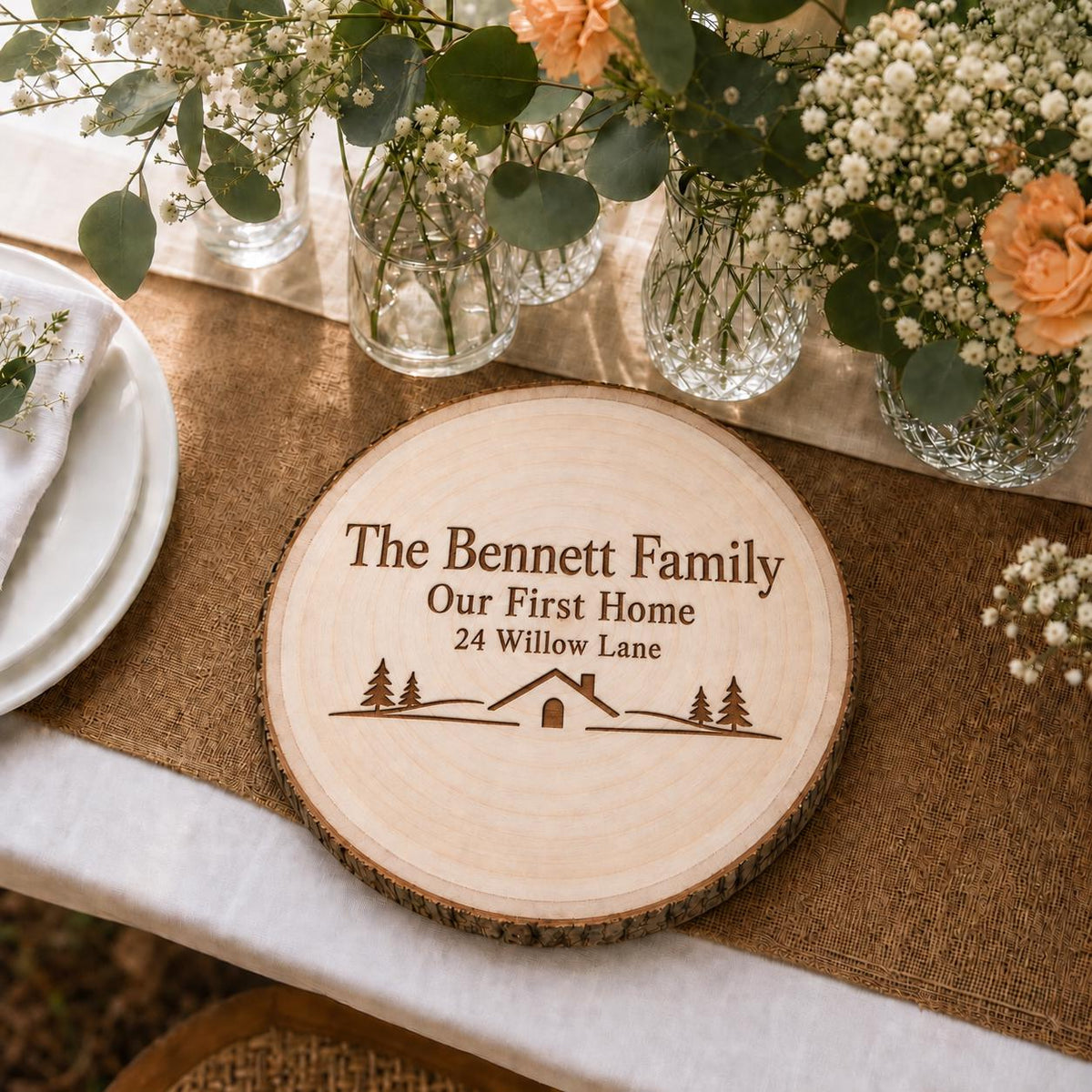 First Home personalized engraved wood slice. Table display example.